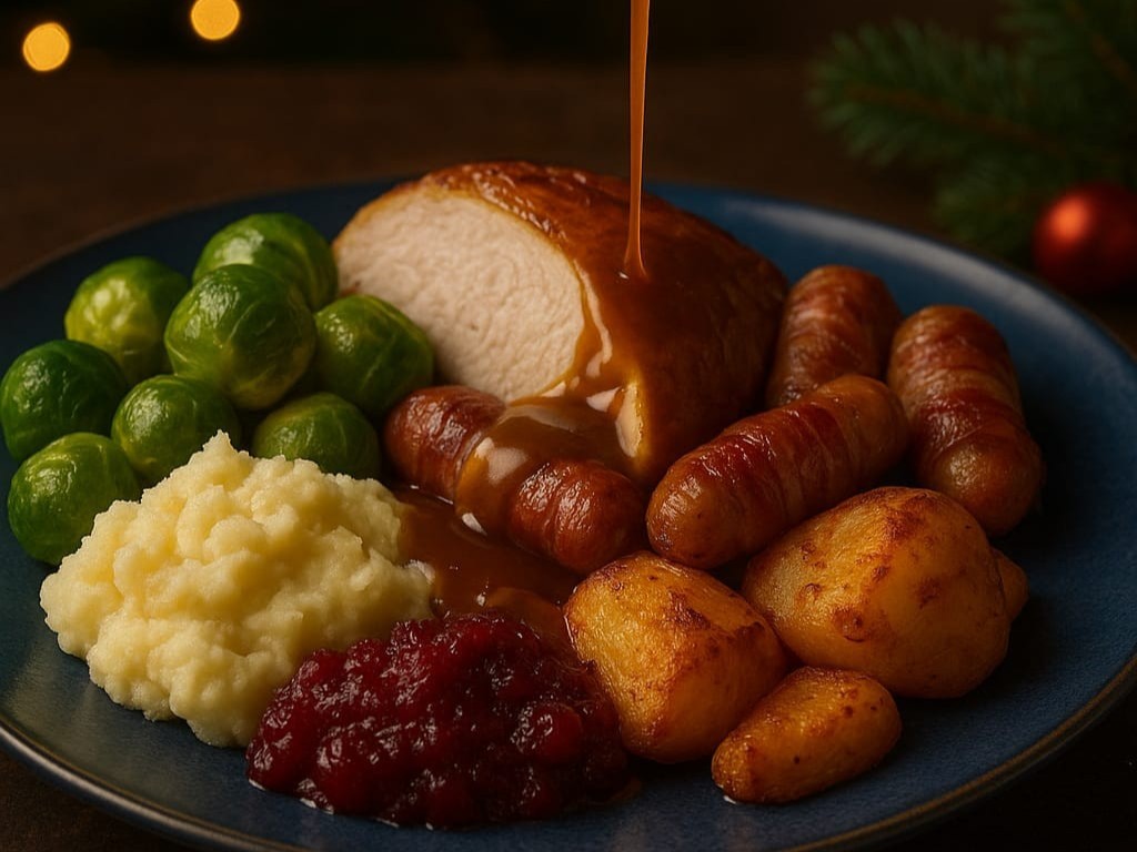 Gravy pours over a delicious Christmas dinner....